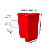 Red trash bin with specifications